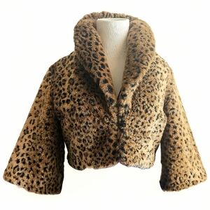 Vintage 2000s Glam Y2K Sheri Bodell Crop Jacket Faux Leopard Fur Bolero S